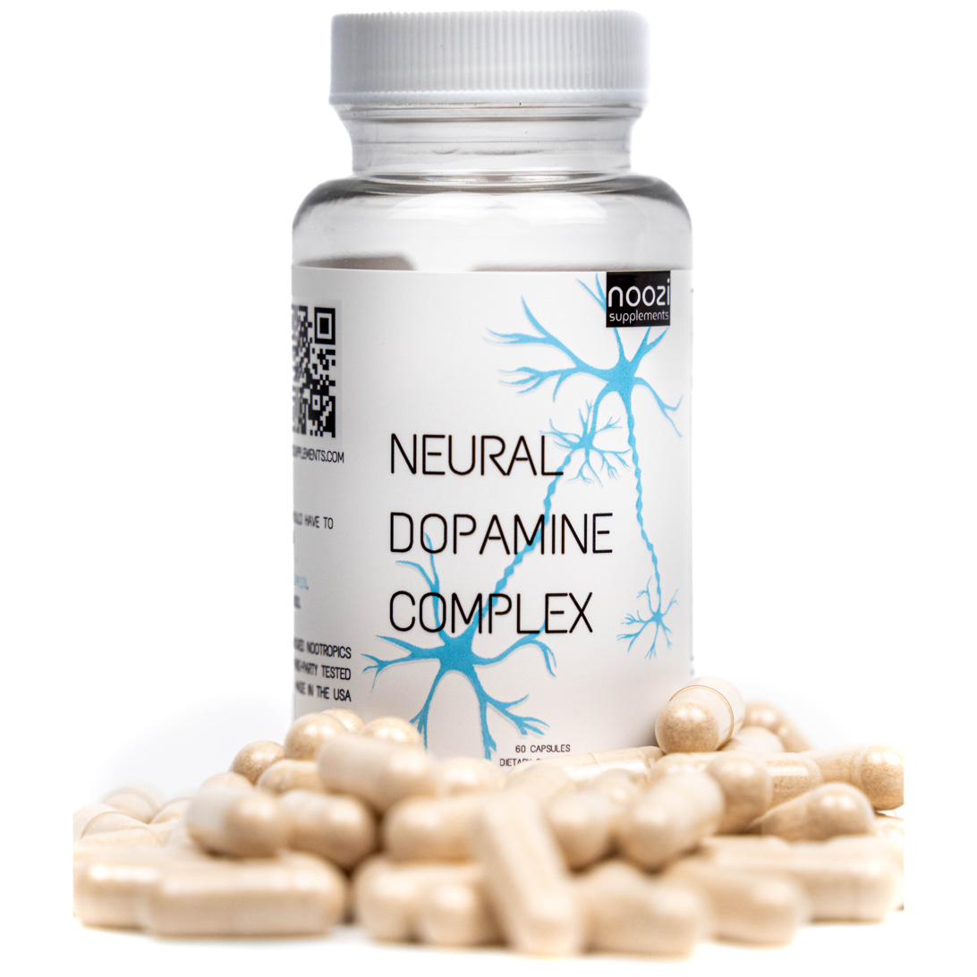 Noozi capsules beside the Neural Dopamine Complex bottle