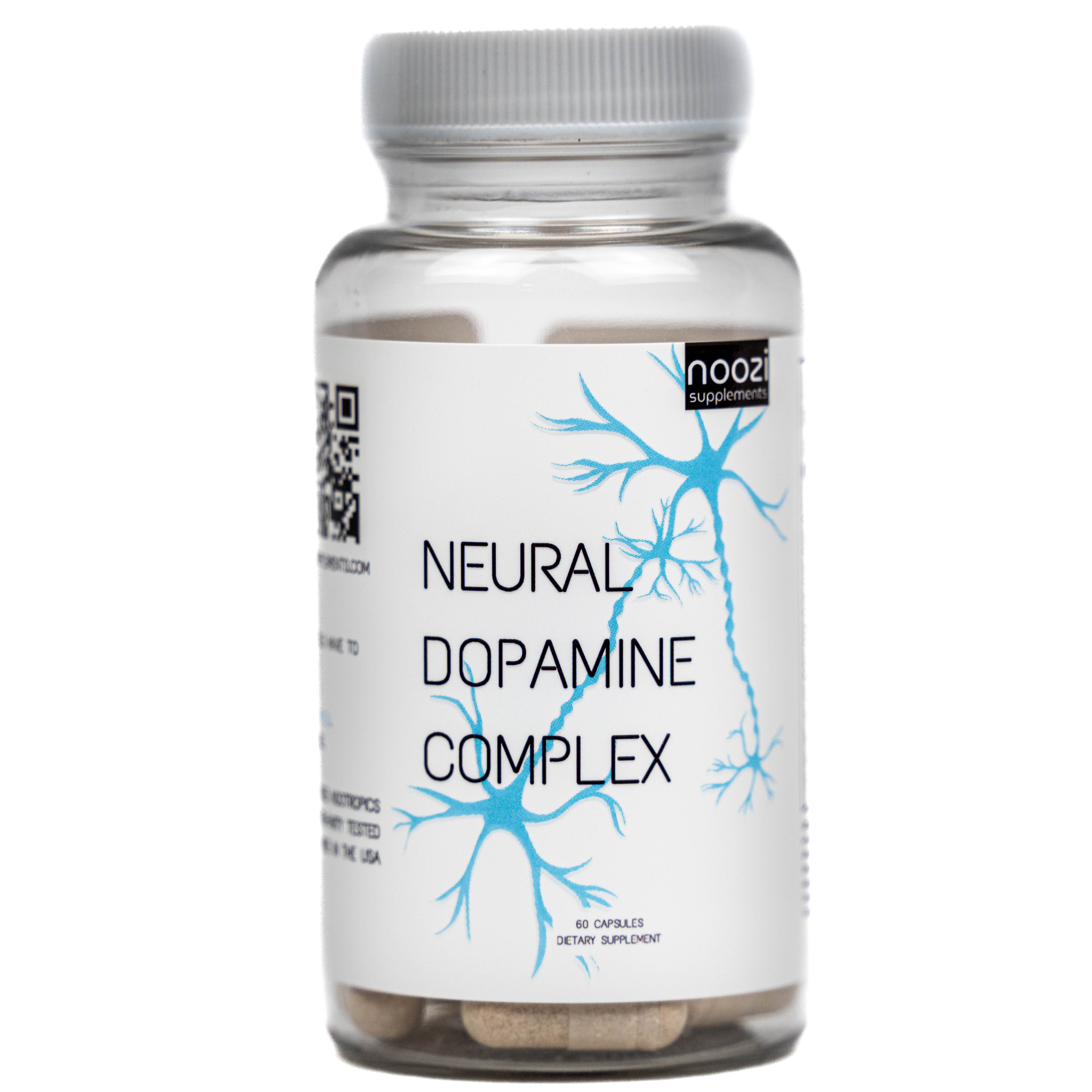 Noozi Neural Dopamine Complex — clear bottle with blue neuron artwork